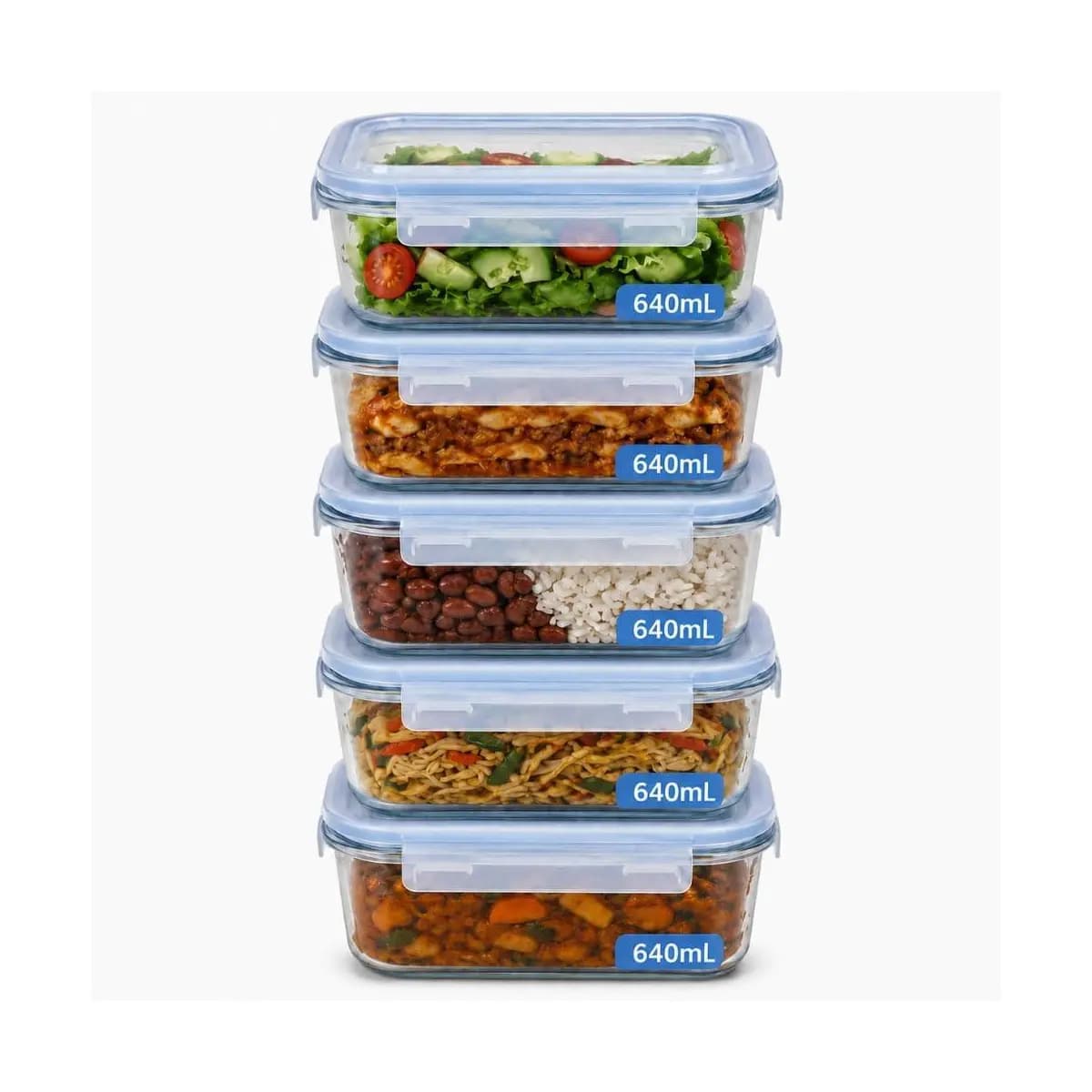 Kit 5 Potes de Vidro Herméticos 640ml com 4 Travas Ideal para Marmitas e Conservação de Alimentos, Vedação Total, Refratário para Forno e Freezer (5)
