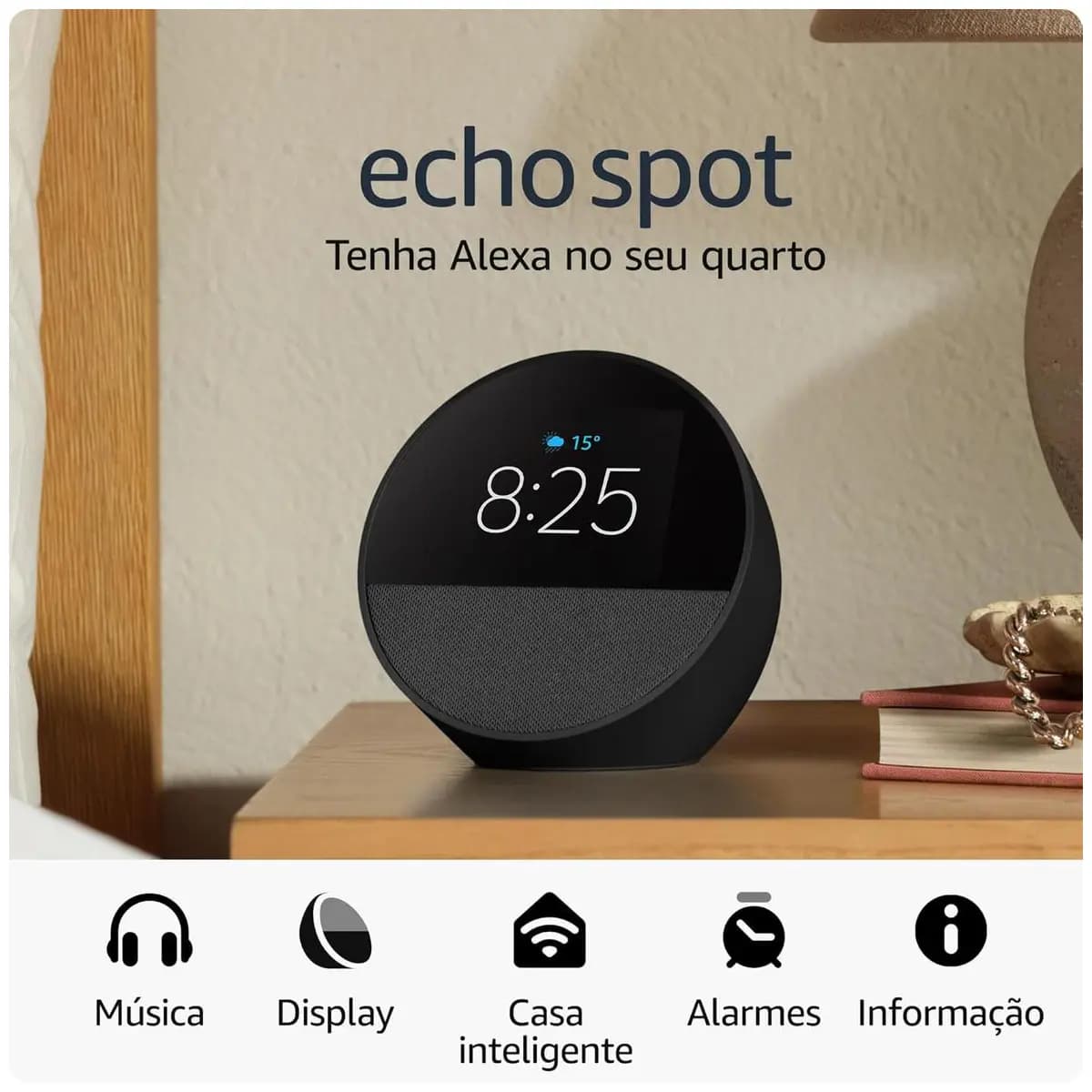 Echo Spot com Alexa (Geração mais recente) | Despertador inteligente com som vibrante | Cor Preta