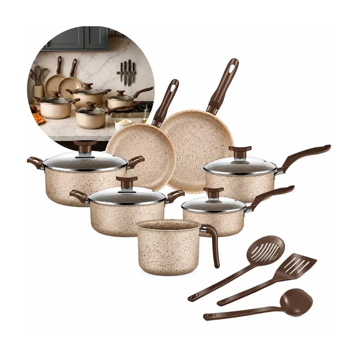 Jogo De Panelas 10 Peças Antiaderente Conjunto Frigideira Fervedor tampa de vidro Cor Coffee Cappuccino Kit Talheres
