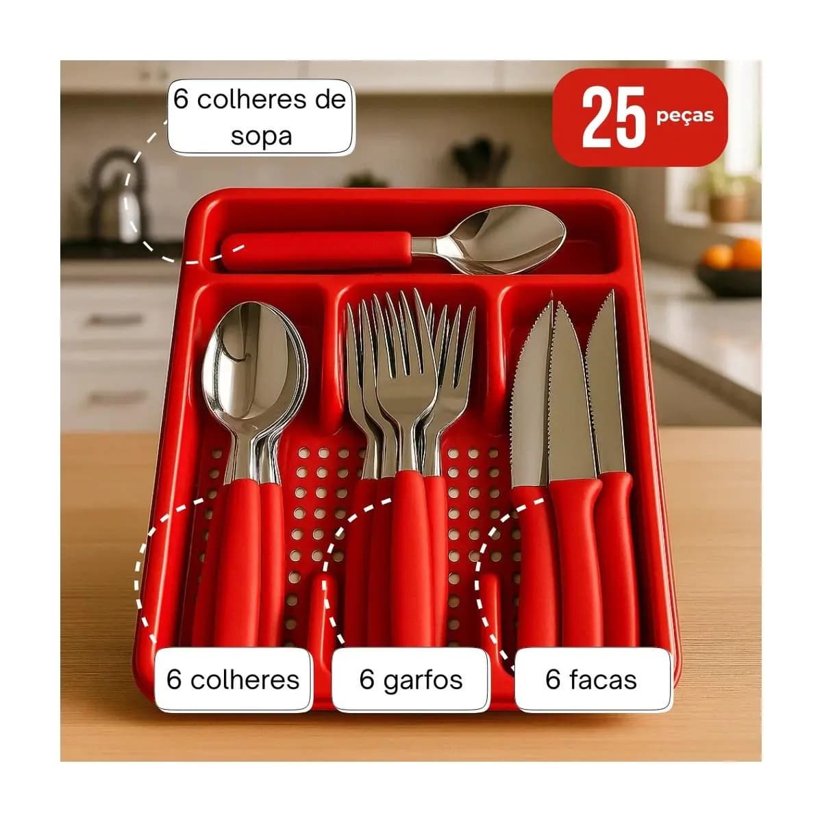 Jogo de Talheres Inox Com Suporte Gaveteiro de Brinde Talher Premium Sortido Completo Sopa