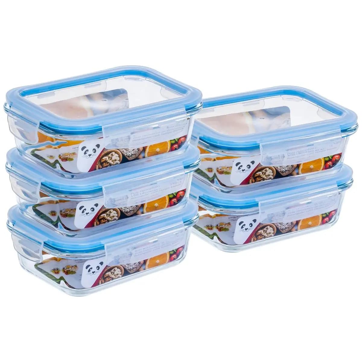 Kit com 5 Potes de Vidro Gato Panda, 640 ml, Retangular, com Tampa Hermética, Azul