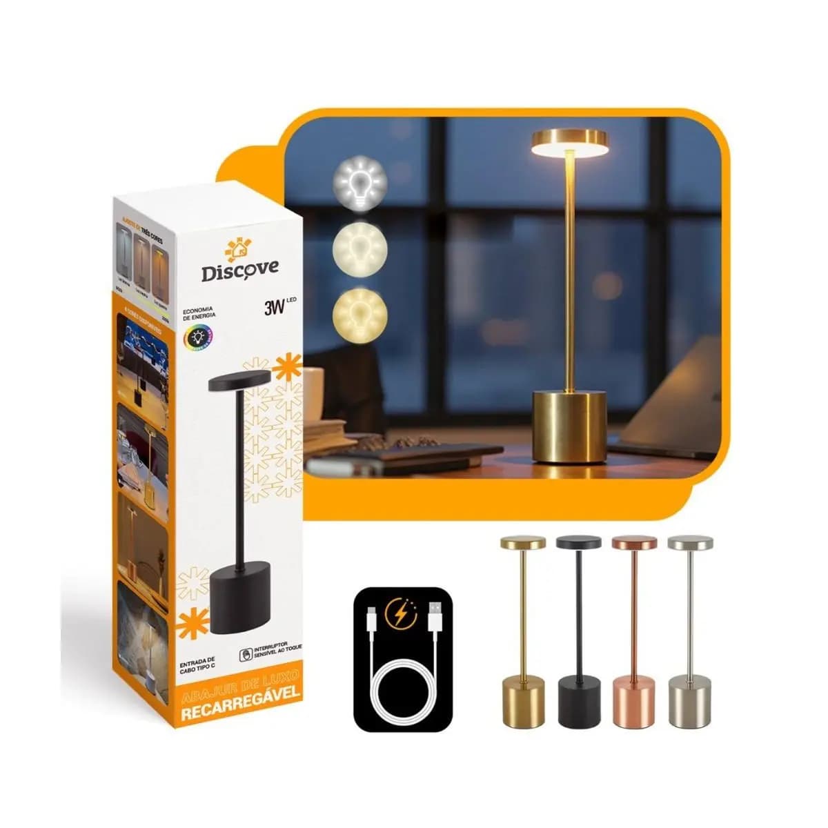 Luminária De Mesa Sem Fio Touch Led Recarregável Para Jantar E Quarto