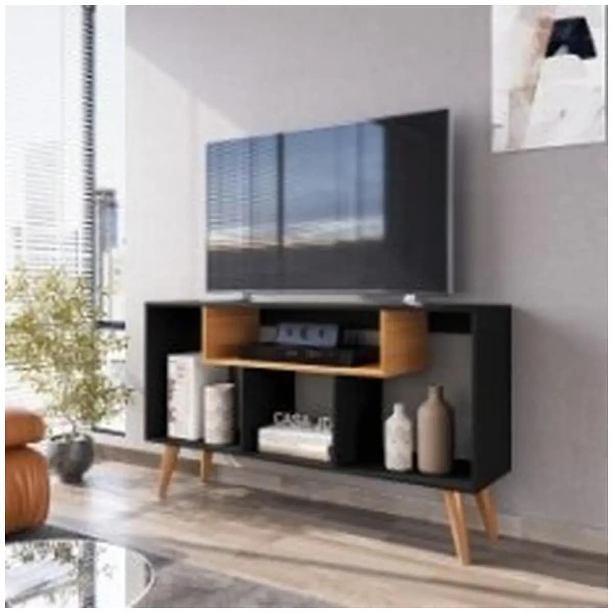 Rack Bancada Para Tv De Até 43 Polegadas Com Prateleira E Nichos Para Sala De Estar Casa Jd (Preto/Nature)