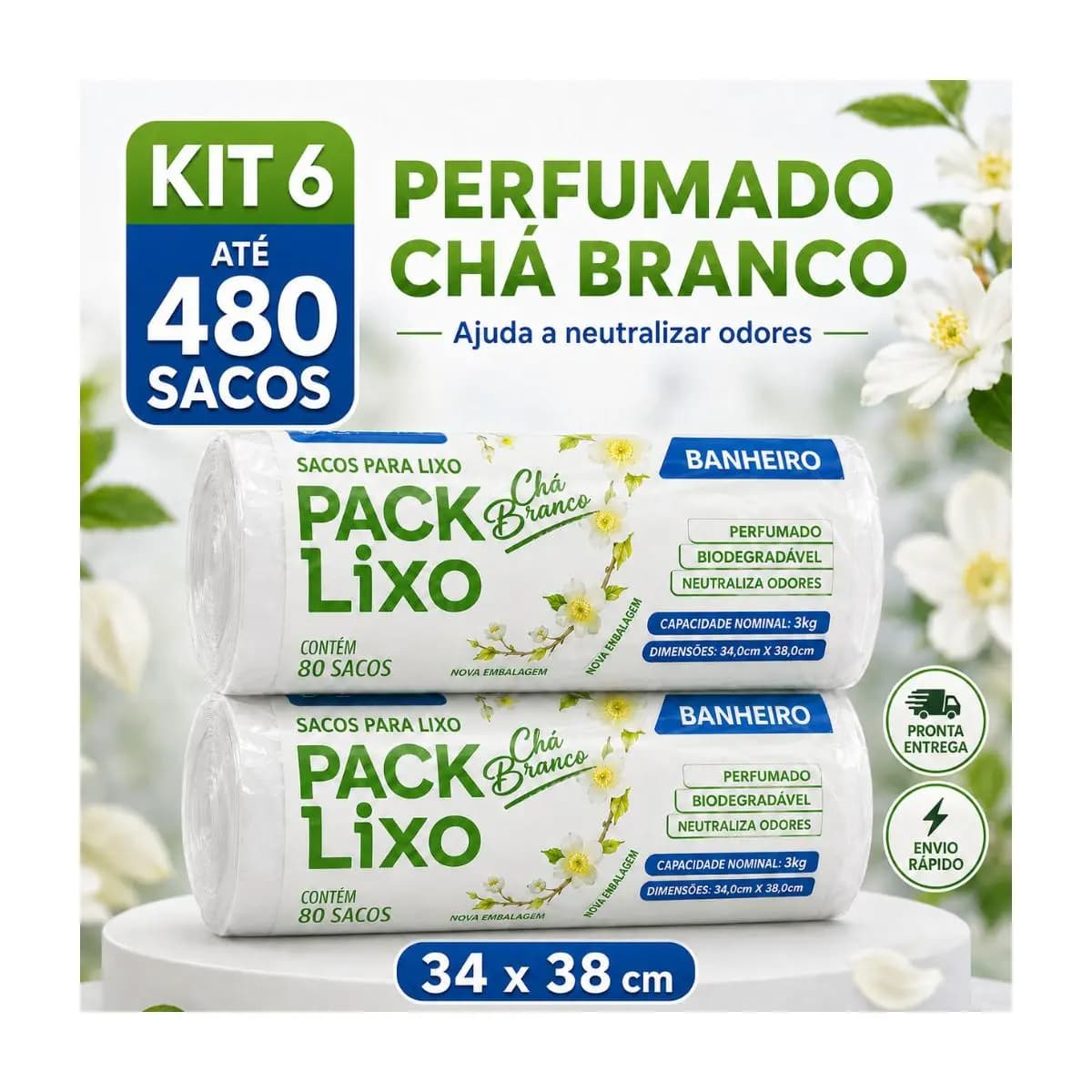 Sacos de Lixo Perfumado Chá Branco Kit Para Pia e Banheiro 34x38cm Neutraliza Odores 10L Cheiroso