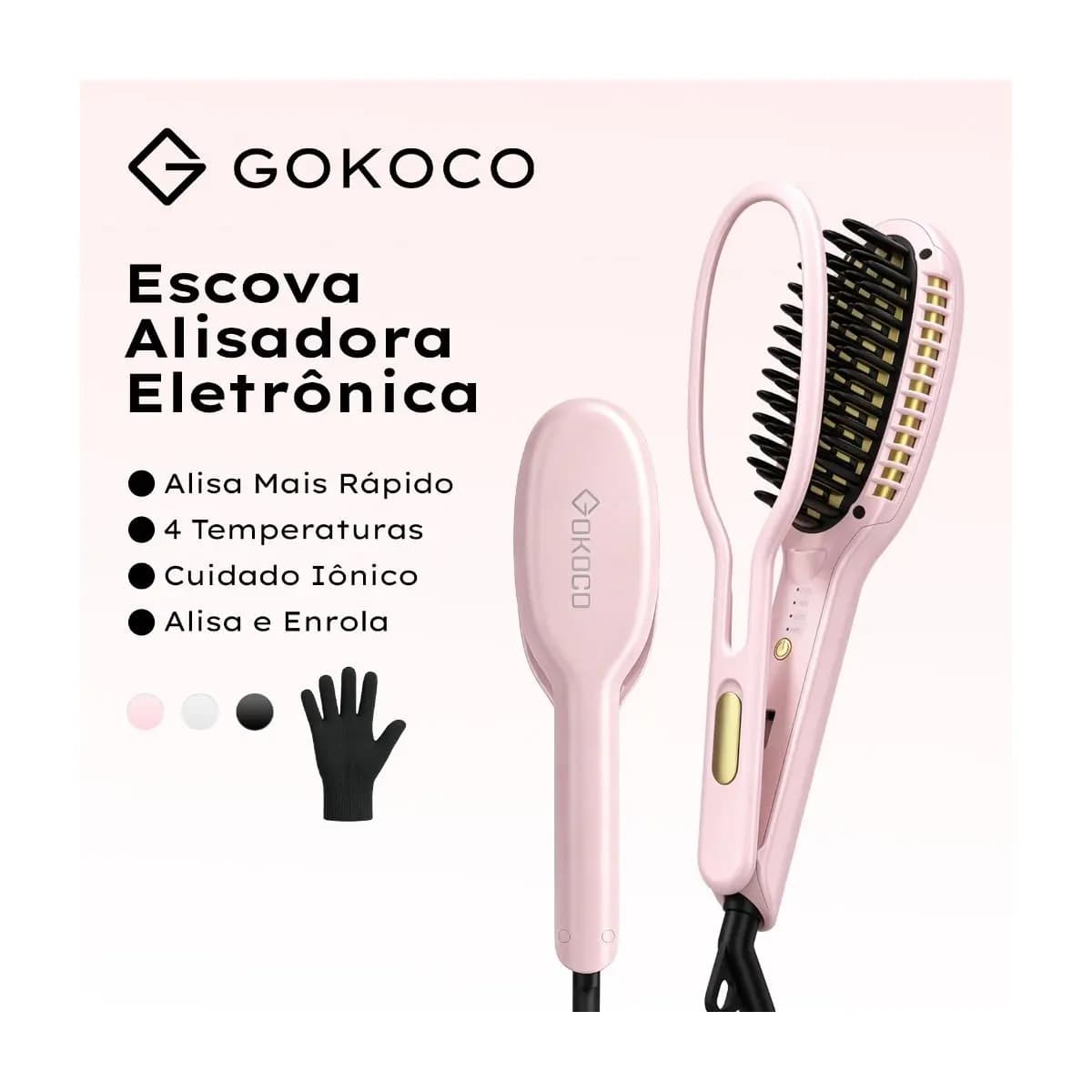 GOKOCO Escova Alisadora placas Alisa mais rápido 4 configurações de calor Cuidado capilar iônico Alisa e cacheia bivolt
