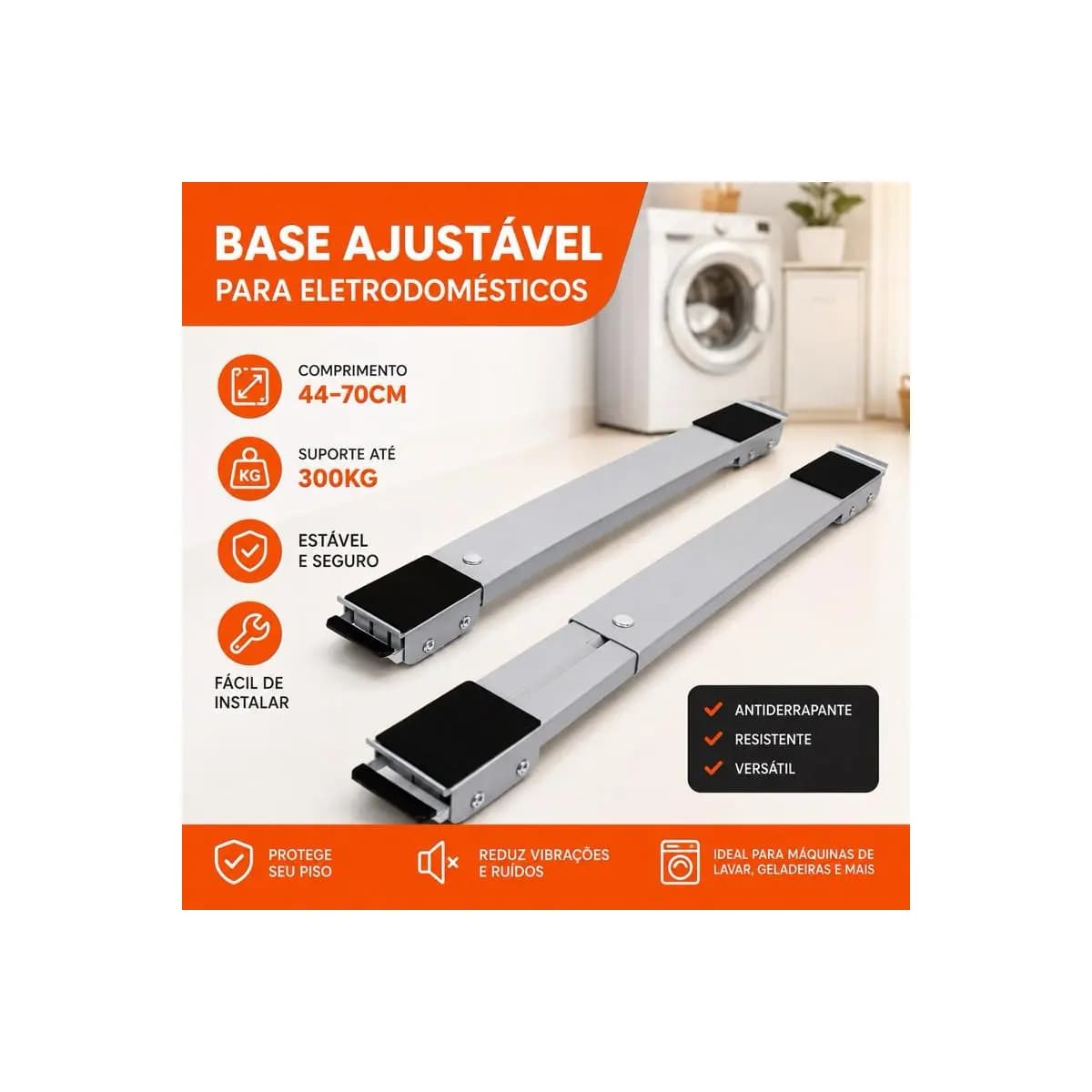 Base Ajustável Premium Máquina de Lavar Geladeira Freezer Suporte Universal Antivibração Antiderrapante 46-72cm 300kg