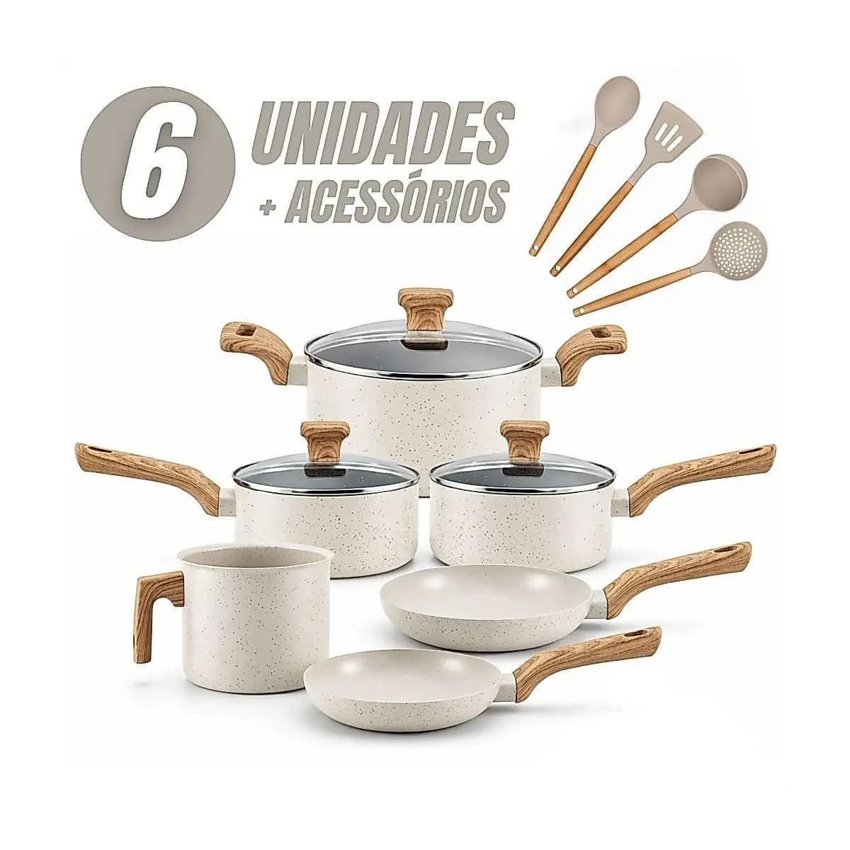Jogo de Panelas 6 Peças Antiaderentes com Tampa de Vidro Temperada com 4 Utensílios de Cozinha
