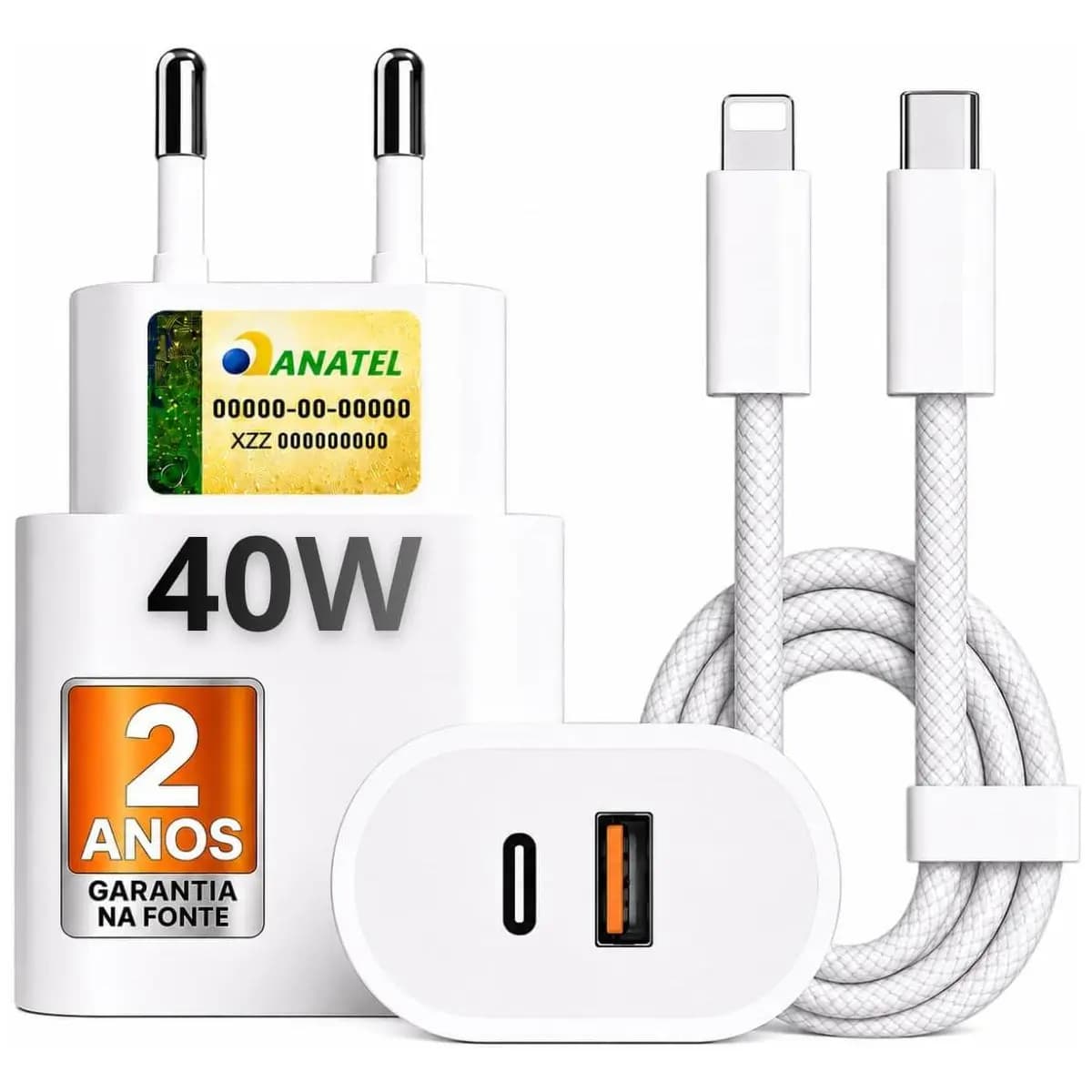 Carregador Turbo 40W USB-C + USB-A Compatível com IPhone 8 X Xr 11 12 13 14, Bivolt 110/220V - CABO DE NYLON - Carregamento POWER DUO
