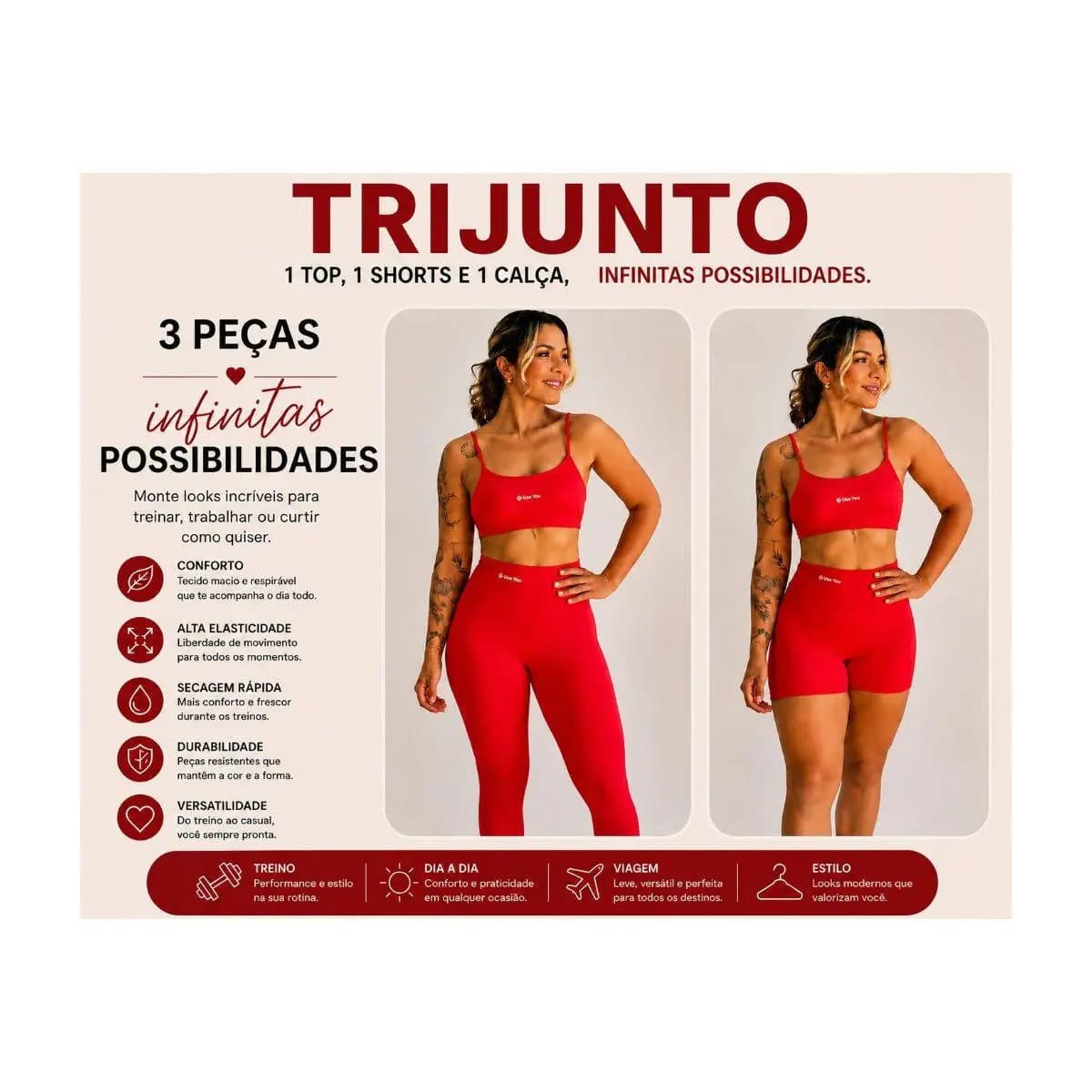 Tri-Junto Legging + Short Cintura Alta + Top Forrado com entrada Bojo
