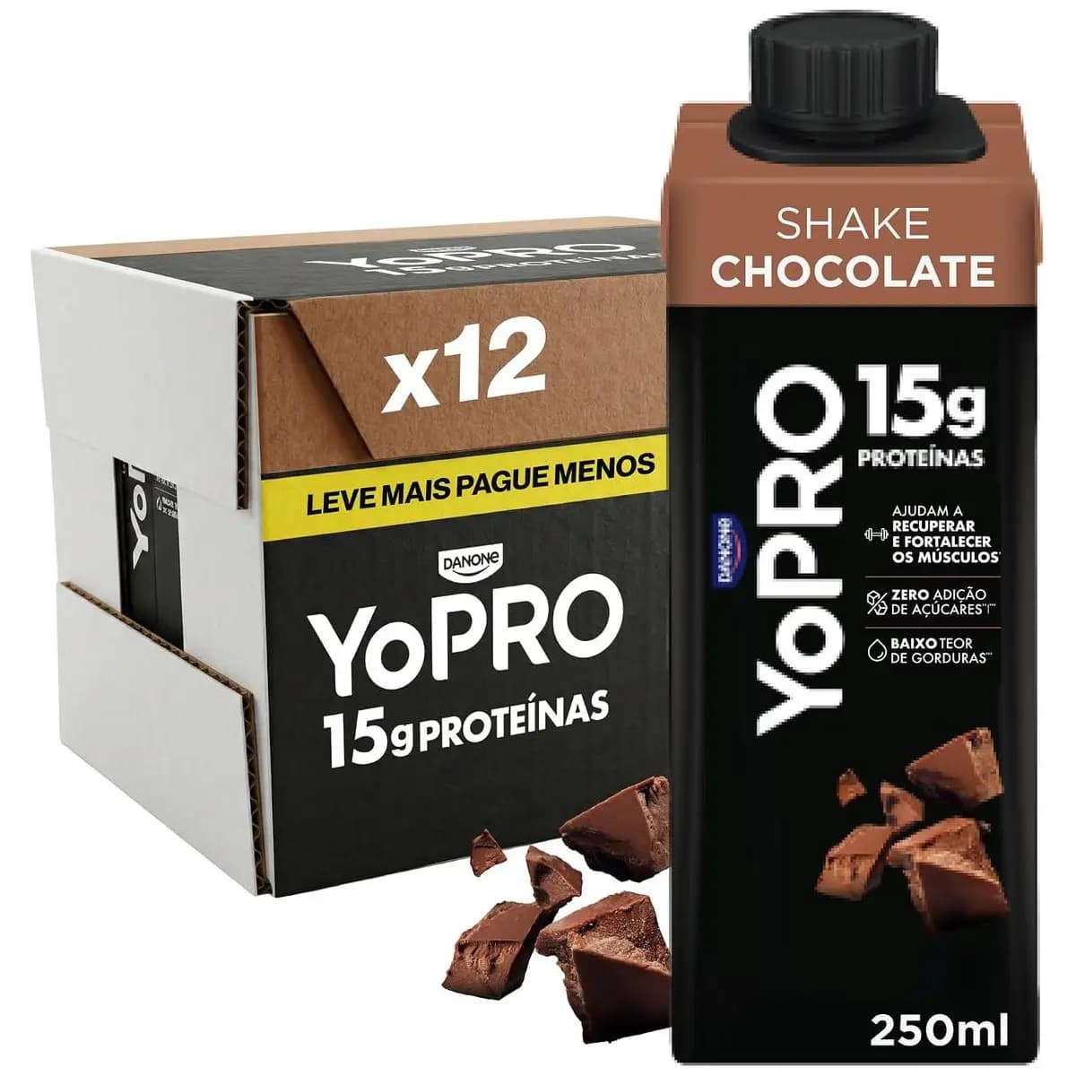 YoPRO Bebida Láctea UHT Chocolate Líquida Caixinha 250ml - 15g de Proteínas - Sem Lactose - Pack com 12 Unidades