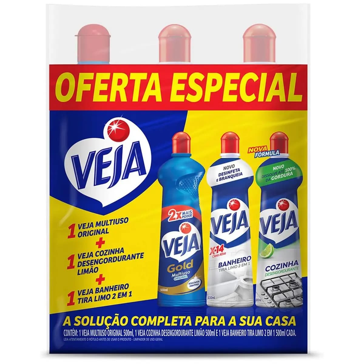 Kit Veja - 1 Limpadores Multiuso Original 500ml + 1 Limpador Cozinha Desengordurante Limão 500ml + 1 Limpador Banheiro Tira Limo 500m