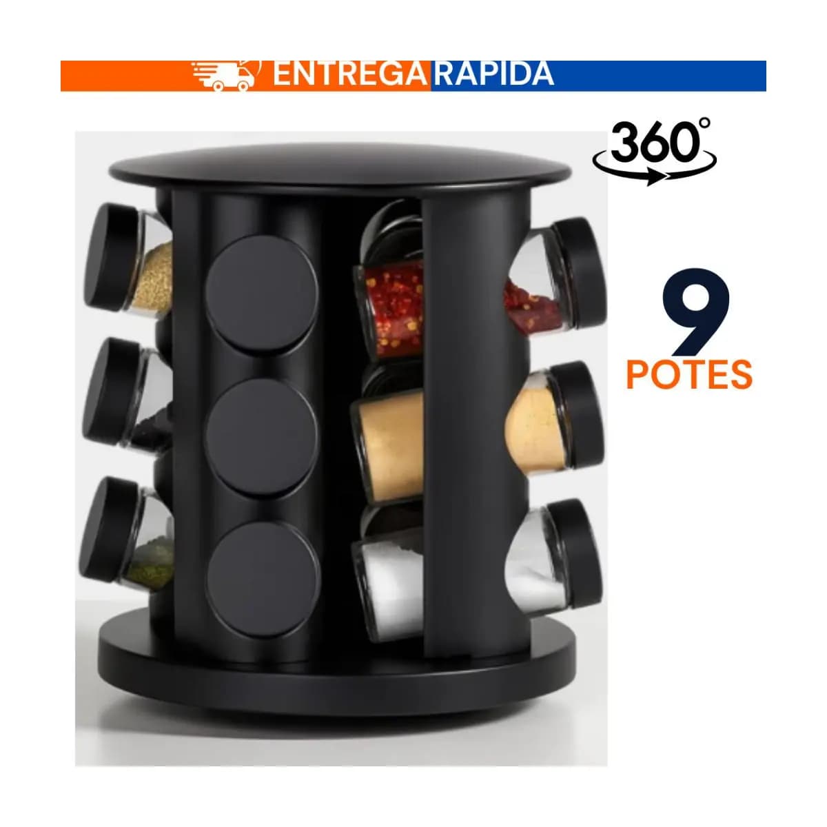 Porta Temperos Giratório 9 Potes Profissional Vidro Tampa Dosadora Preto Condimento Premium PROMOÇÃO