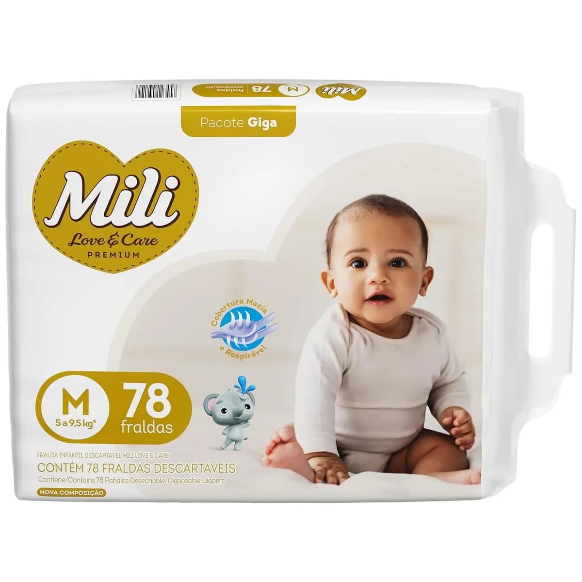 Mili Fralda Infantil Love & Care Tamanho M, Alta Absorção, Ajuste Confortável, 78 Unidades