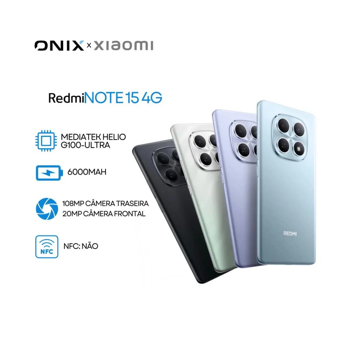 Xiaomi Redmi Note 15 4G, Processador Mediatek Hélio G100-Ultra, Bateria 6000mAh, 128/6GB RAM- 256/8GB RAM