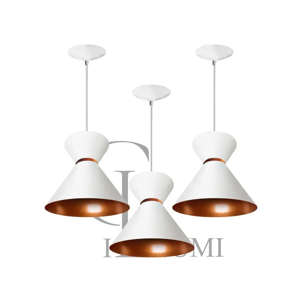 kit com 3 pendentes lustre luxo branco/cobre casa e decoração GR luminarias