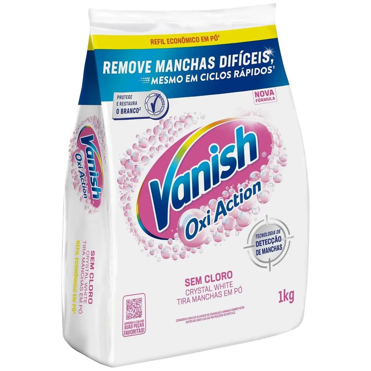 Tira Manchas em Pó Vanish Oxi Action Crystal White Refil 1kg para Roupas Brancas, Sem Cloro, com Percarbonato, Remove Manchas Difíceis e Deixa o Branco Até 5 Tons Mais Branco