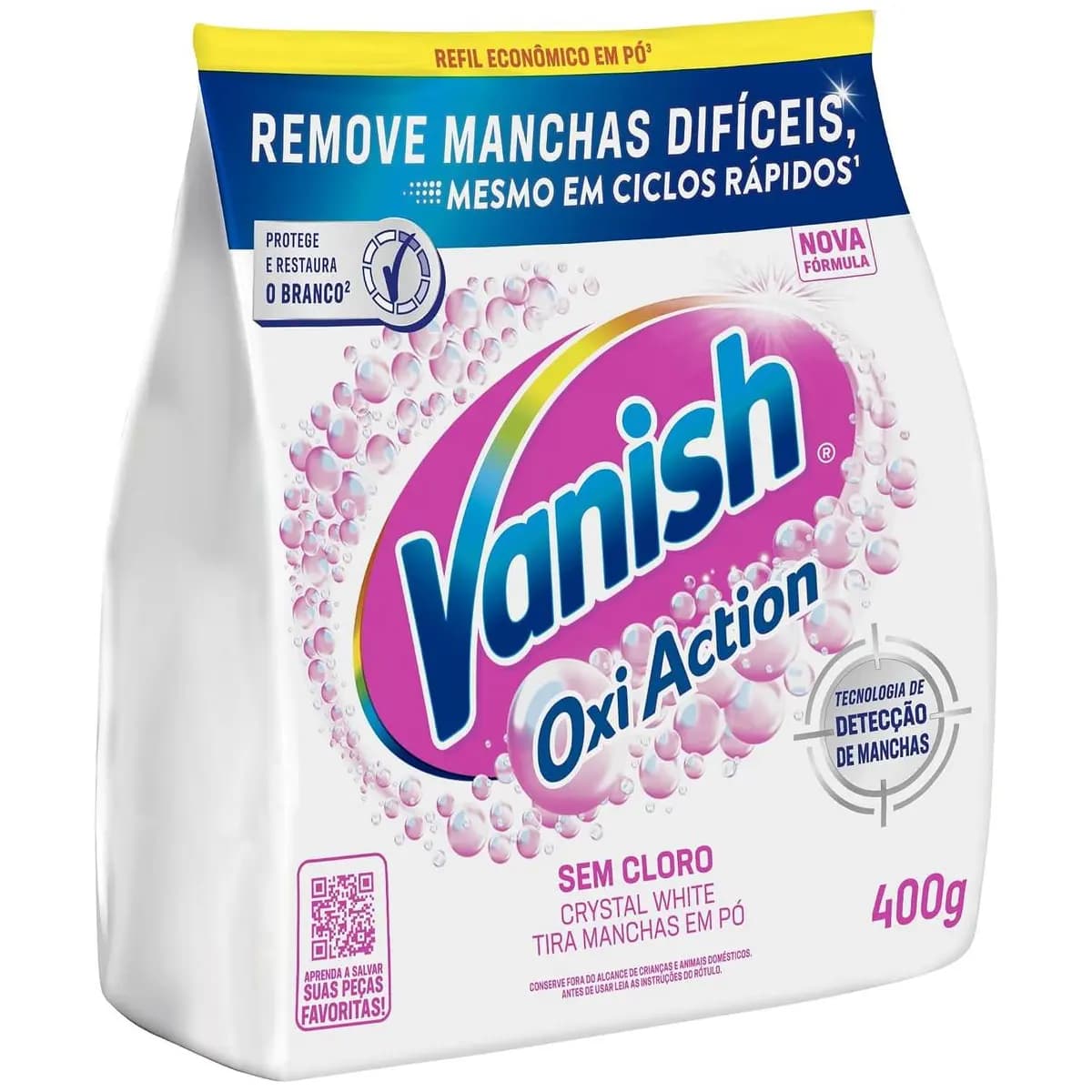 Tira Manchas em Pó Vanish Oxi Action Crystal White Refil 400g para Roupas Brancas, Sem Cloro, com Percarbonato, Remove Manchas Difíceis e Deixa o Branco Até 5 Tons Mais Branco