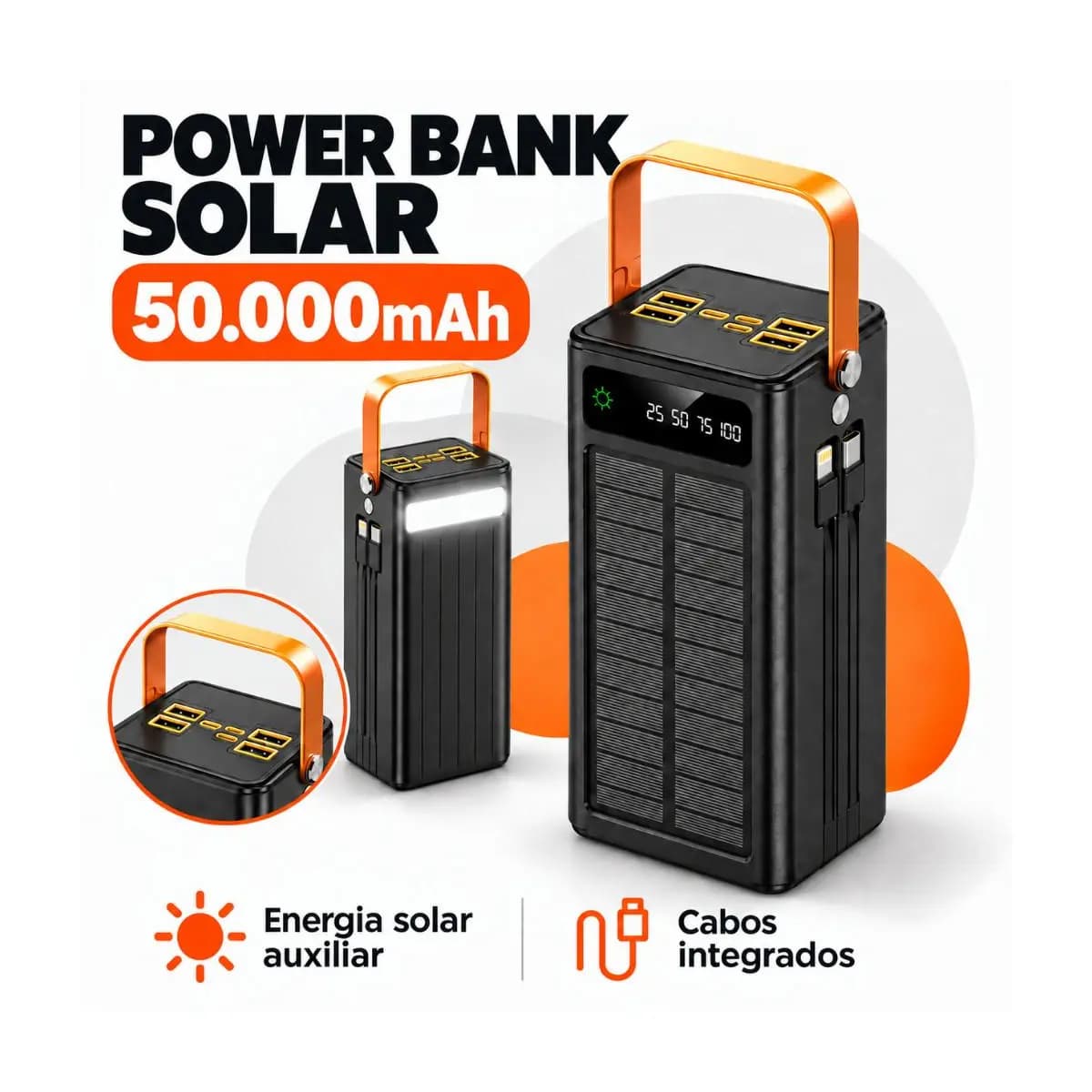 Carregador Solar Portátil 30000/50000mah Turbo Rápido Power Bank Grande Tela Digital