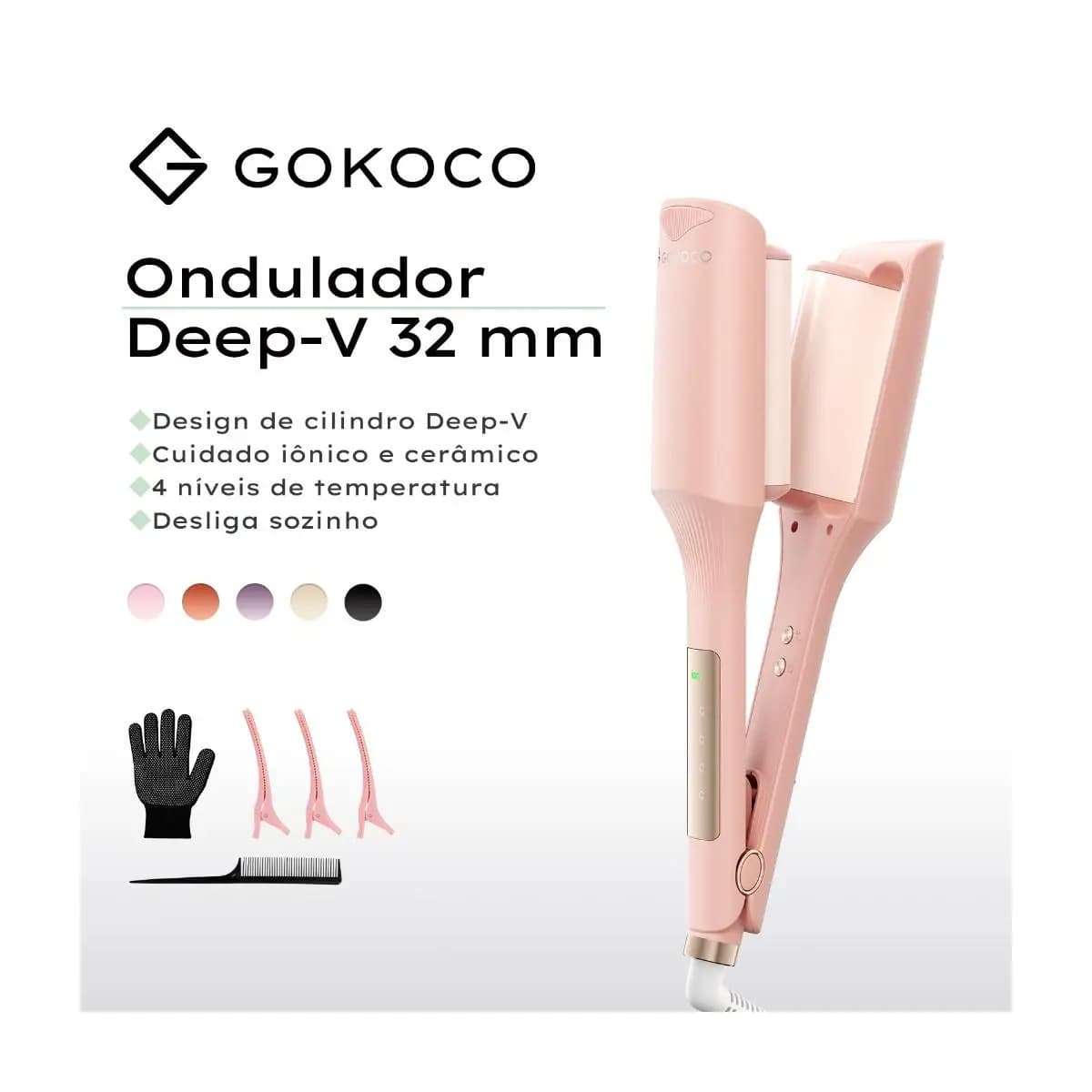 GOKOCO Modelador De Ondas 32mm Bivolt Com 30 Milhões De Íons Negativos E Cerâmica Turmalina Para Ondas Naturais E Volume