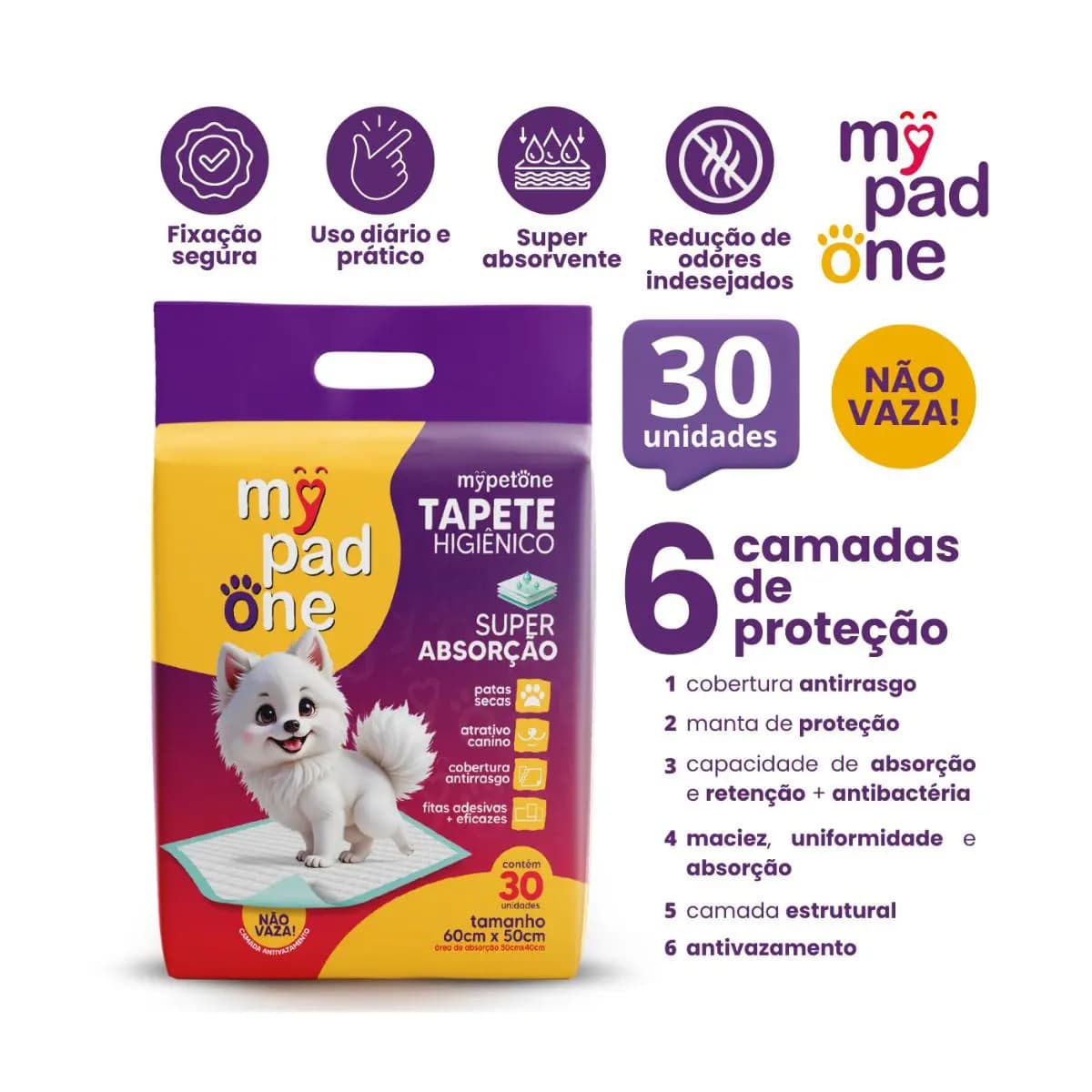 Tapete Higiênico Premium Slim para Caes MyPadOne 60x50 cm Ultra Absorção Envio Imediato - 30 Unidades