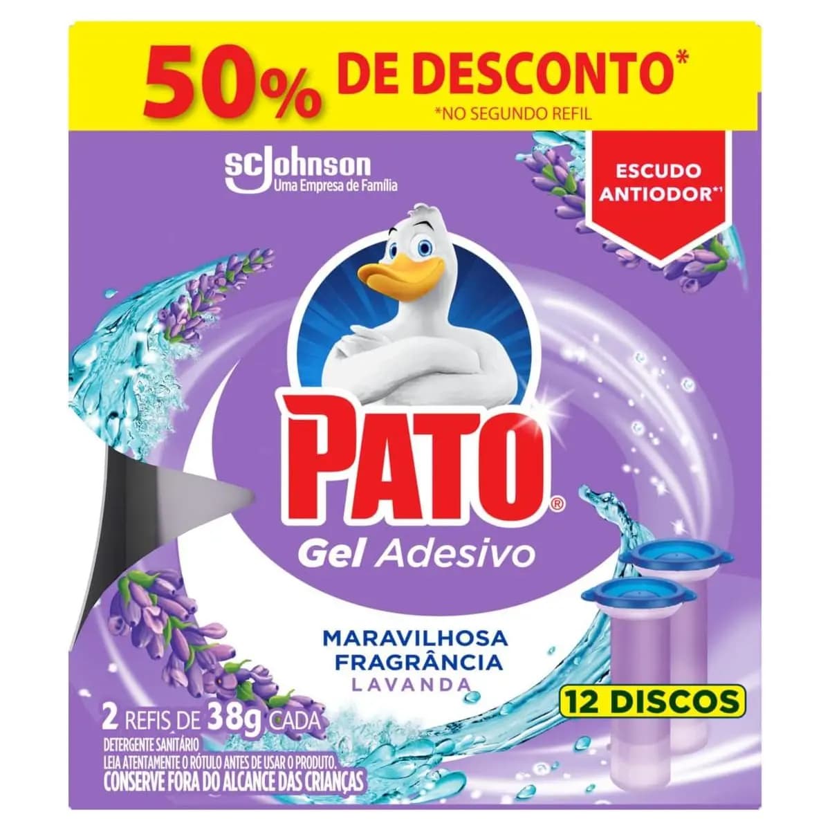 Pato Desodorizador Sanitário Gel Adesivo 2 Refis Lavanda, 12 Discos