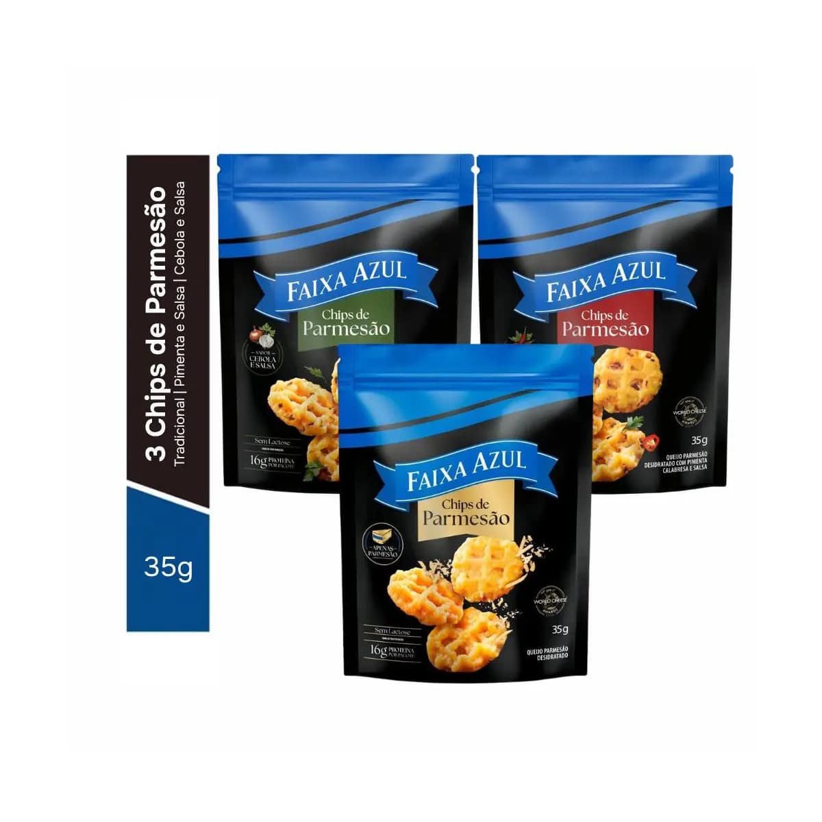 Chips de Parmesão Tradicional, Cebola, Pimenta e Salsa Faixa Azul Pouch 35g - 3 Unid.