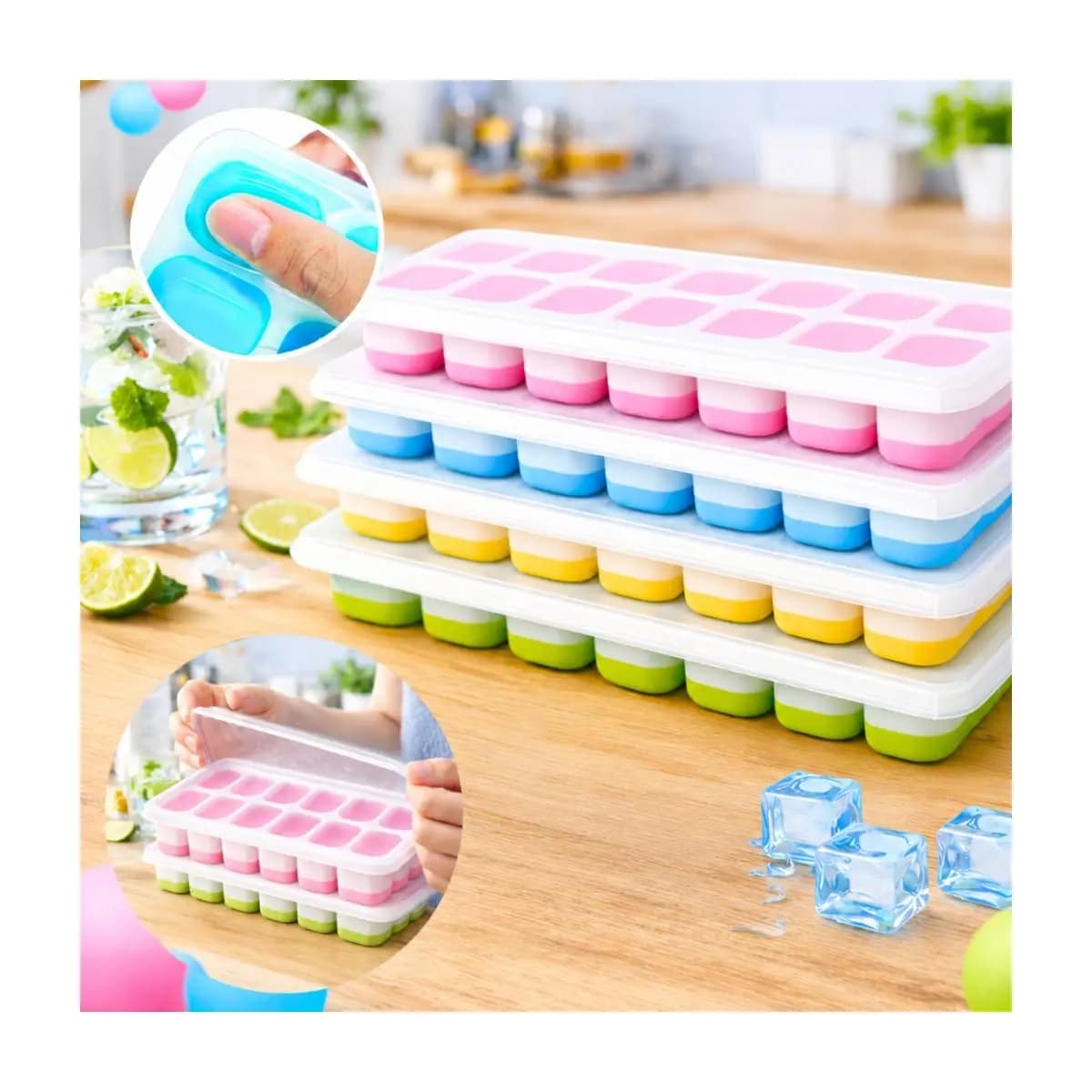 Kit 4 Formas de Gelo Silicone 14 Cubos com Tampa Rígida Fundo Flexível Desenforma Fácil Freezer