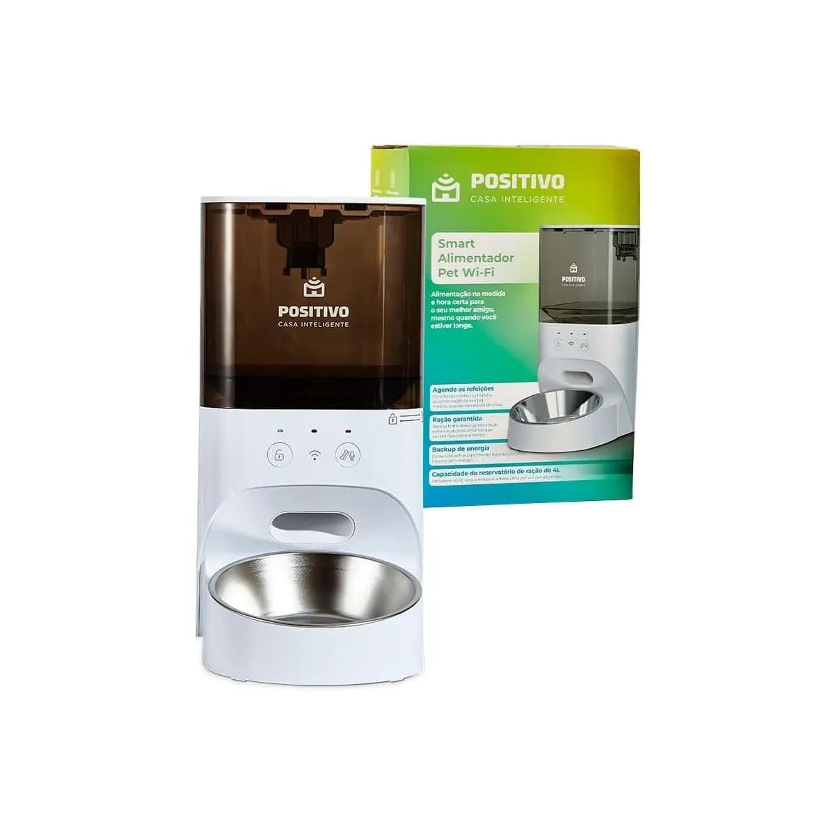 Smart Alimentador Pet Wi-Fi Positivo Casa Inteligente, Agendamento de Porções por App, Gravador de Voz, 4L, Sensor antiobstrução, Tigela removível – Compatível com Alexa e Google Assistente