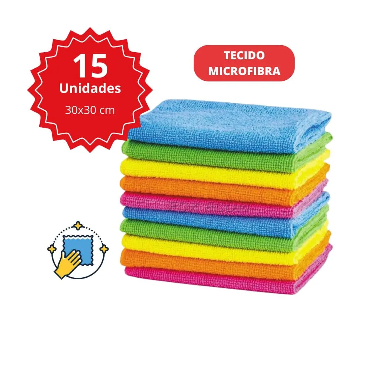Kit 15 Pano Microfibra Limpeza 30x30cm Super Absorvente Multiuso