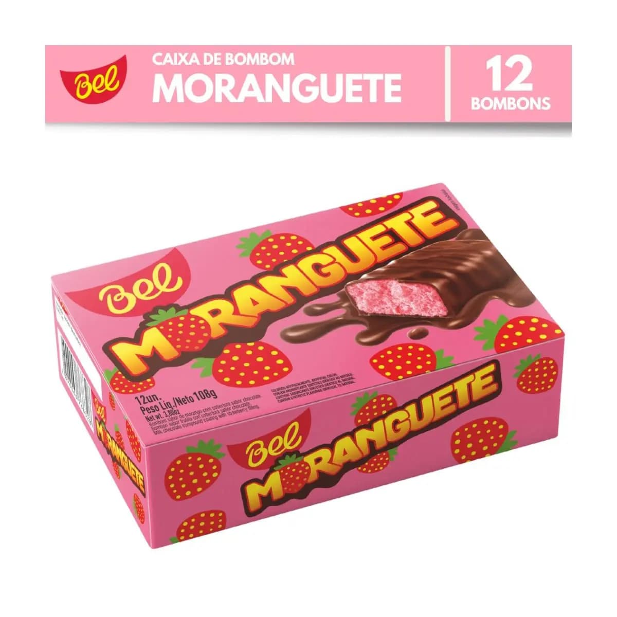 Caixa Bombom Moranguete com 12un de 9g Sabor Morango com Cobertura Sabor Chocolate Bel 108g