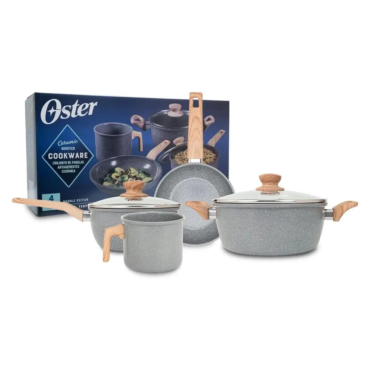 OSTER JOGO DE PANELAS E LEITEIRA MARBLE EDITION DARK GREY – 4 PEÇAS COM REVESTIMENTO CERÂMICO ANTIADERENTE, ALÇAS EM SILICONE ANTITÉRMICO E BASE COMPATÍVEL COM INDUÇÃO