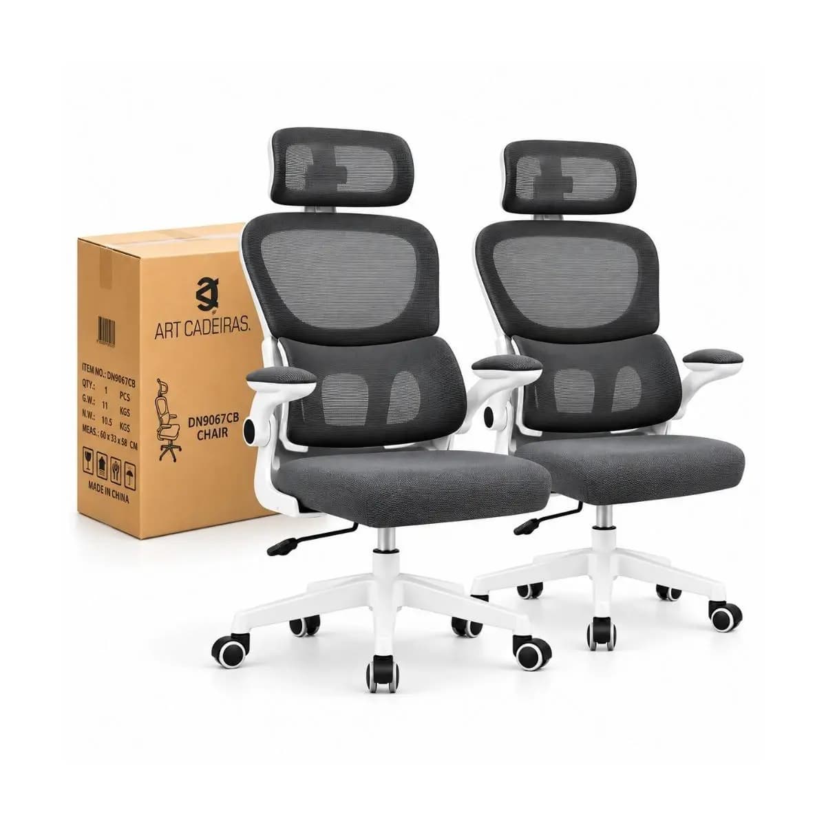 Kit com 2 Cadeiras Ergonômica Presidente Com Apoio Lombar Ajustável E Encosto Em Malha Respirável