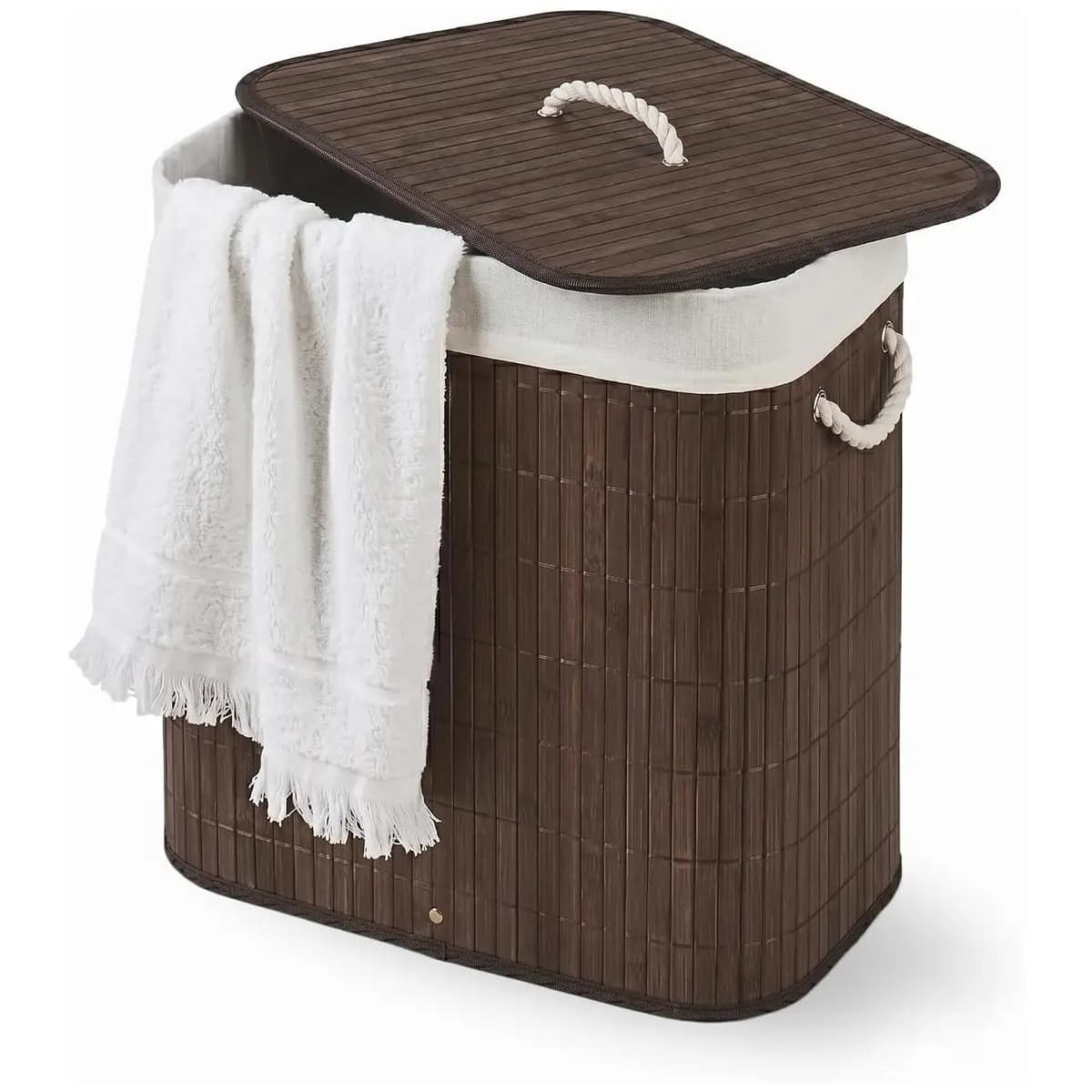 Cesto De Roupa Suja com Alças Em Bambu Com Tampa Forrado Banheiro Lavanderia Quarto