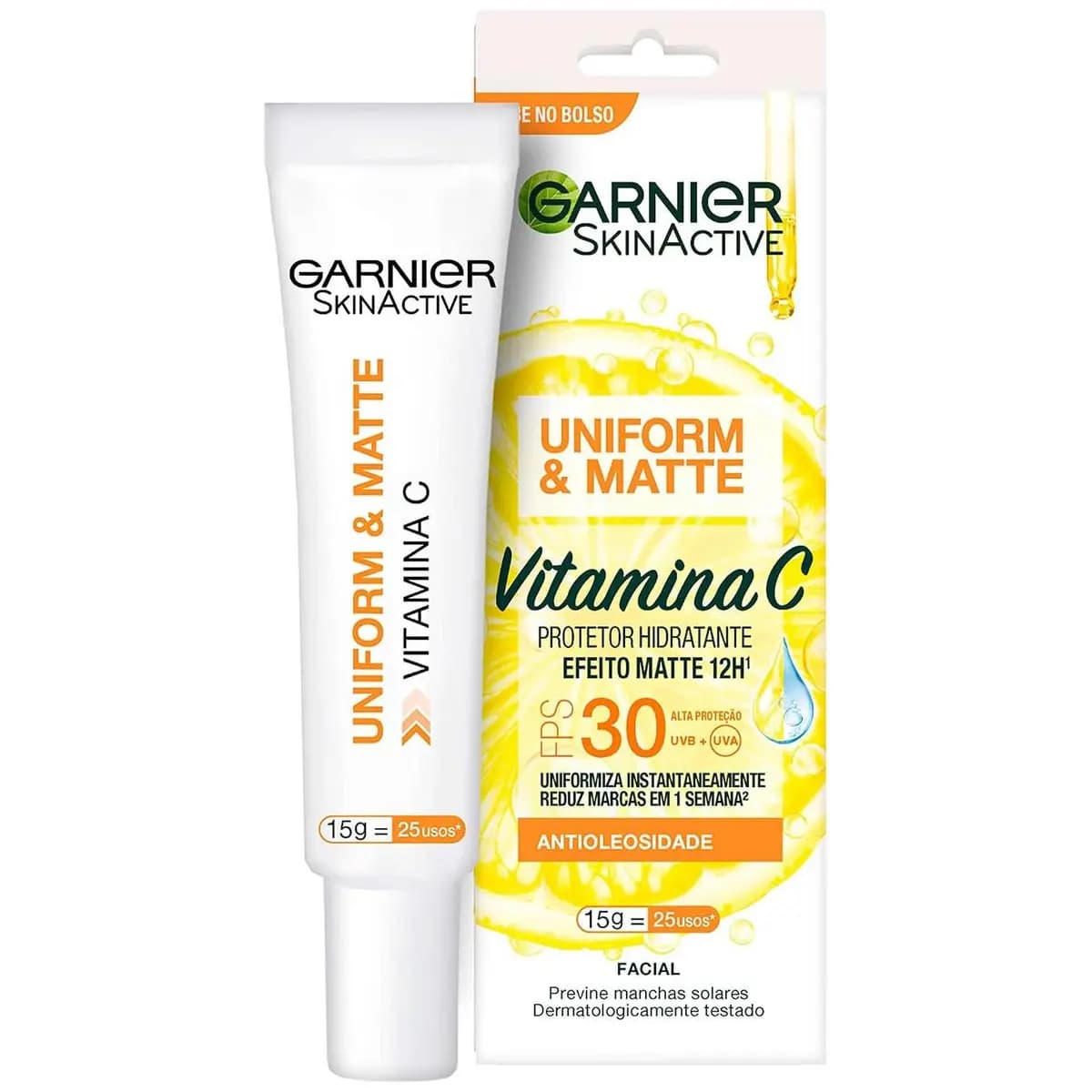 Garnier Uniform & Matte Protetor Hidratante Facial com Vitamina C e Ação Antioxidante, Controla a Oleosidade e Reduz Marcas, Efeito Matte 12h, FPS 30, 15ml