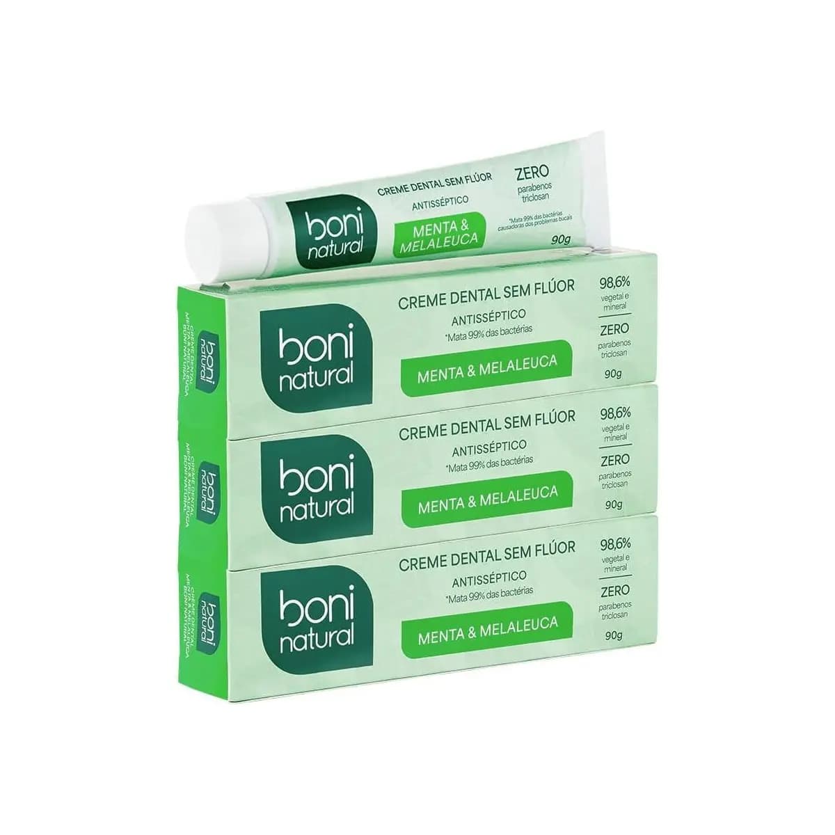 BONI NATURAL - Creme Dental com óleos naturais de Menta e Melaleuca Vegano e Natural, Sem Flúor, Sem Triclosan, 90g, 3 unidades Leve Mais Pague Menos
