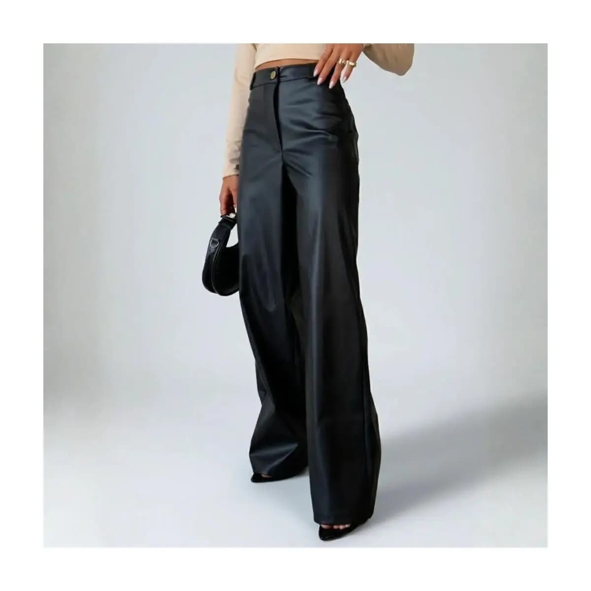 Calça Feminina Cintura Alta Wide Leg Pantalona com Bolso Couro Premium Preta Fake