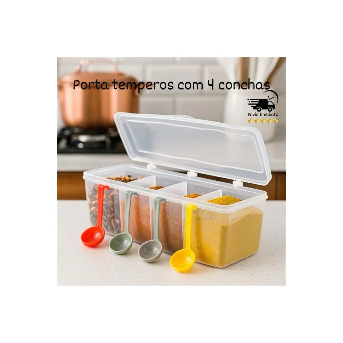 Pote Porta Temperos Porta Condimentos com 4 conchas. Organizador com 4 divisórias