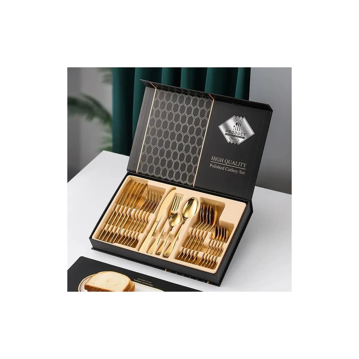 Jogo/KIT Talheres Faqueiro Inox Dourado Polidos de Alta Qualidade 24 Peças Premium Luxo Com Maleta