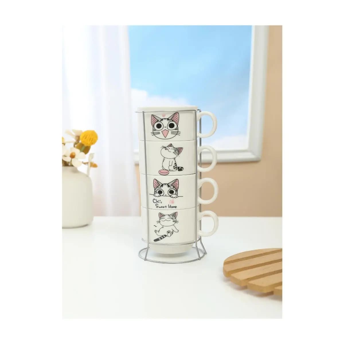 Kit 4 Xícaras Cerâmicas + 1 Suporte Torre de Metal 160ml - Pets/Gatinhos