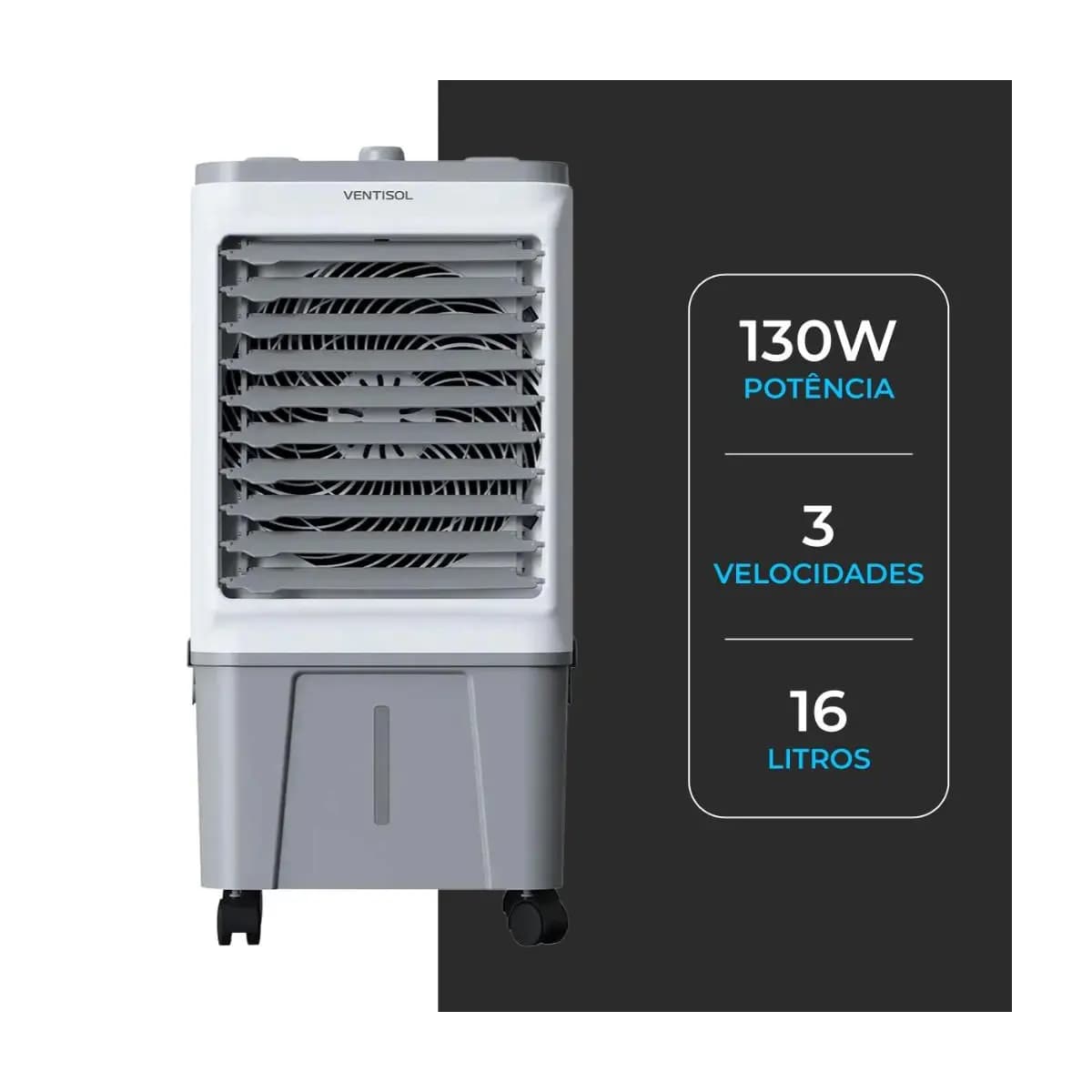 Climatizador de Ar Frio Portátil Ventisol 16L 130W Ventila Umidifica Filtra Climatiza Silencioso Econômico