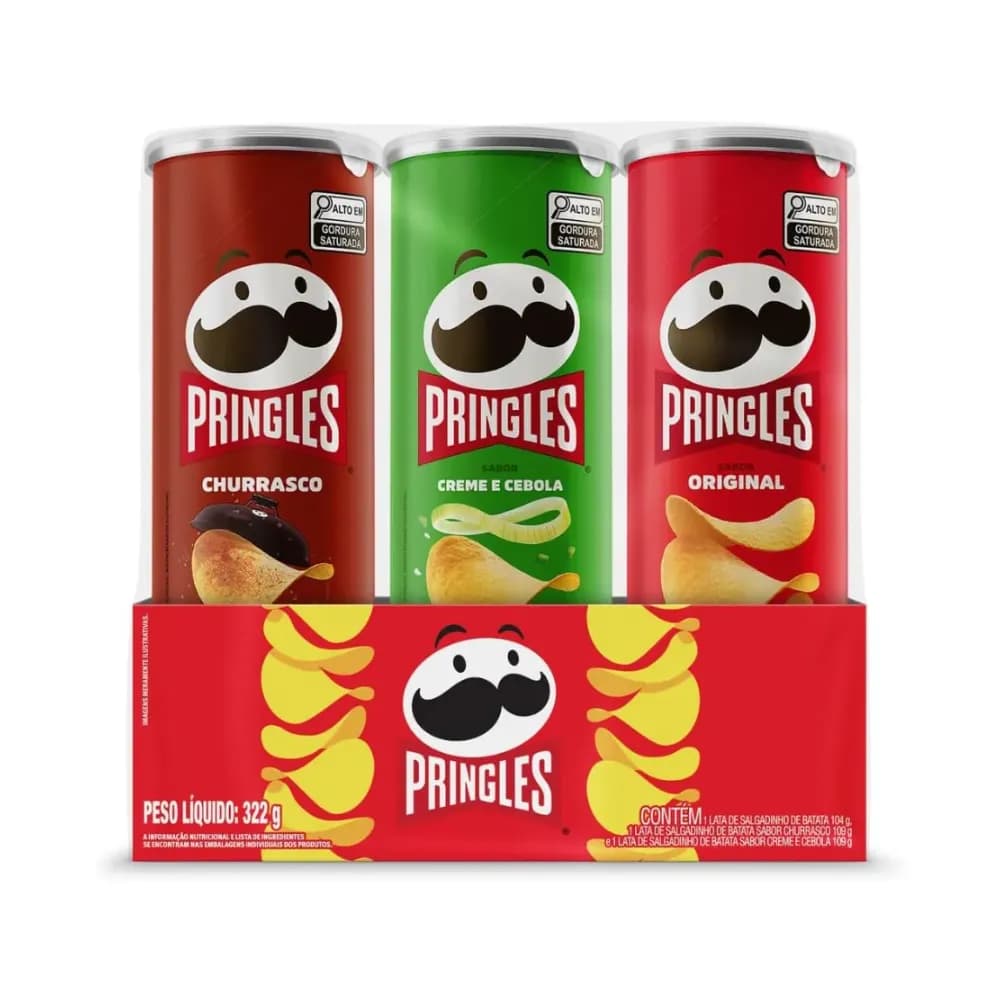 Pringles Pack Promo Salgadinho de Batata Frita 3 Sabores - Original, Creme e Cebola e Churrasco