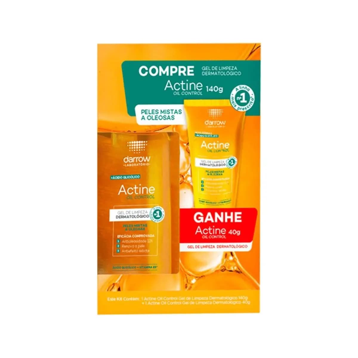 Darrow Actine Oil Control Kit Gel de Limpeza Dermatológico Facial com Ácido Glicólico e Vitamina B5 que Controla Oleosidade sem efeito rebote, Renova a Pele e Reduz Poros, 140g + 40g