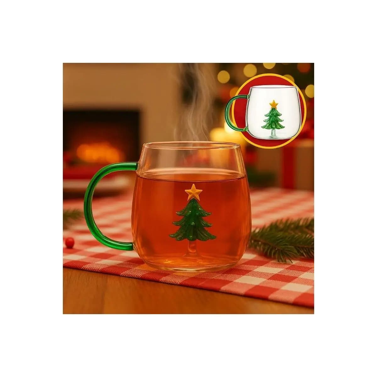 Xícara Caneca de vidro 400ML Árvore de Natal-Margarida-coração-Flor -presente- Borossilicato-3D- Natal Amigo secreto