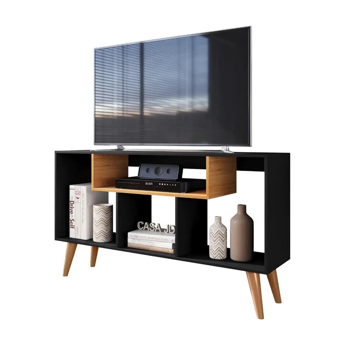 Rack Bancada JD Tv 43 Pol. Sala Com Pes Retro 3 Nichos Moderno - Várias Cores