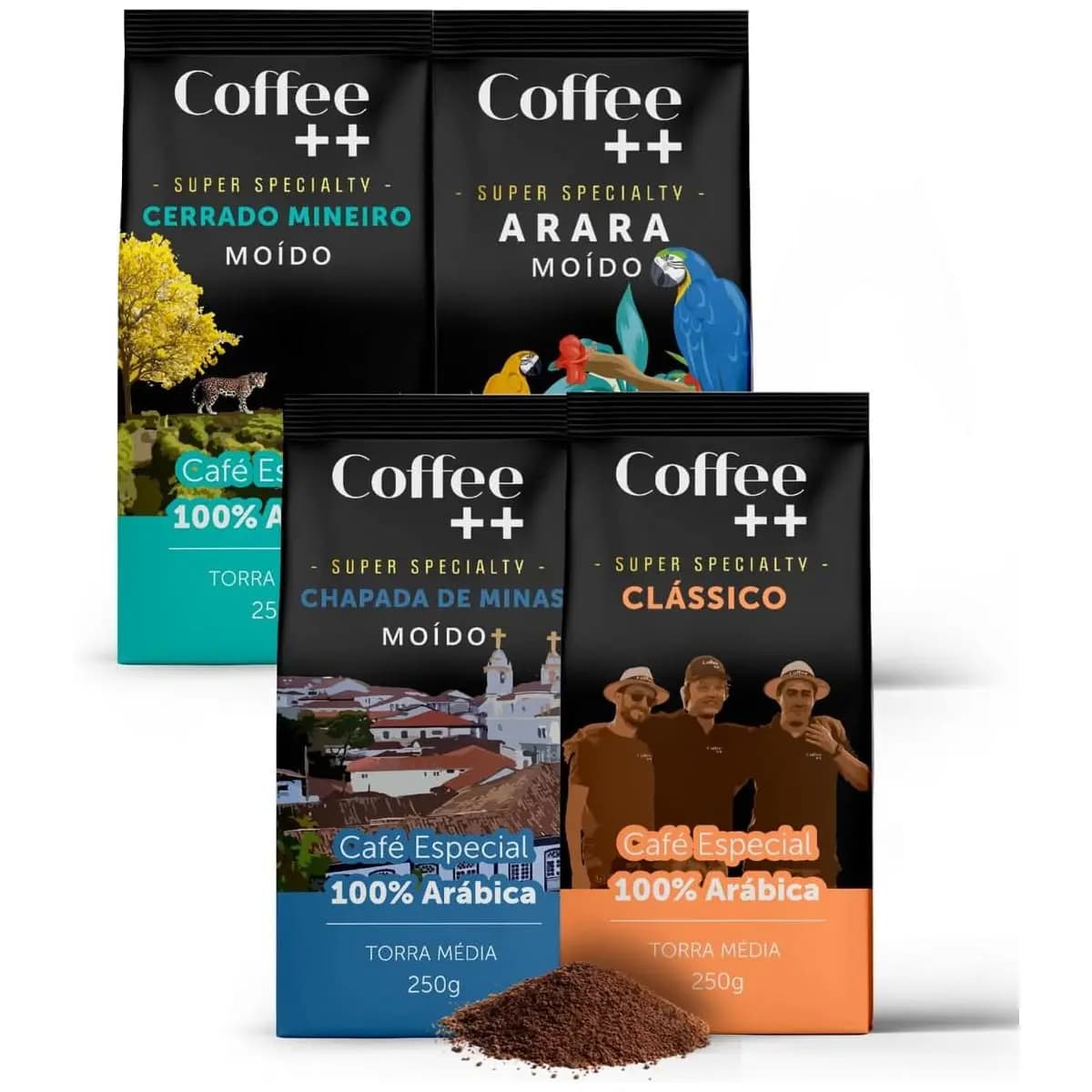Kit 4 Pacotes Café Especial Torrado e Moído Coffee Mais Variedades: Cerrado Mineiro, Arara, Chapada de Minas e Clássico - 100% Arábica (4x250g)