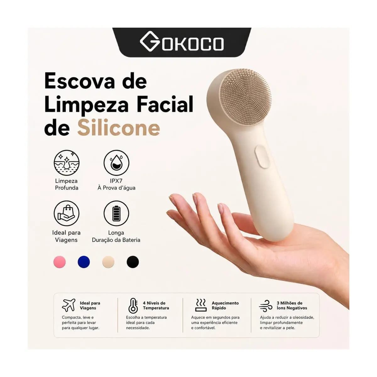 GOKOCO Escova Facial de Silicone Sônica IPX7 Recarregável 3 Níveis Limpeza Profunda Portátil Tipo-C