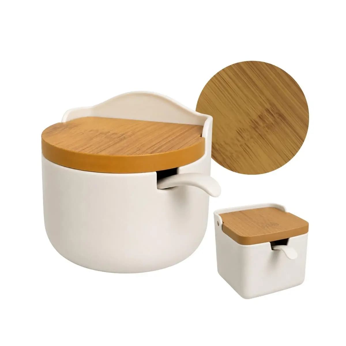 Saleiro Decorativo para Cozinha com Colher Acabamento Cerâmica e Tampa Estilo Bambu