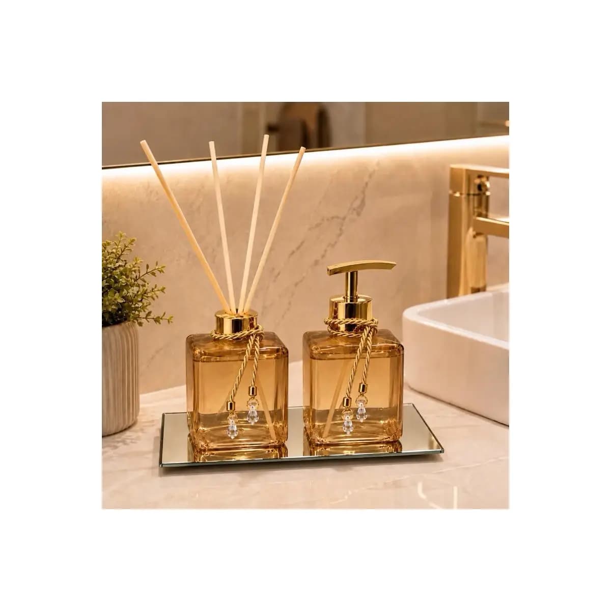 Kit Lavabo Pet Ambar Difusor de Varetas e Saboneteira Luxo Bandeja Banheiro Casa