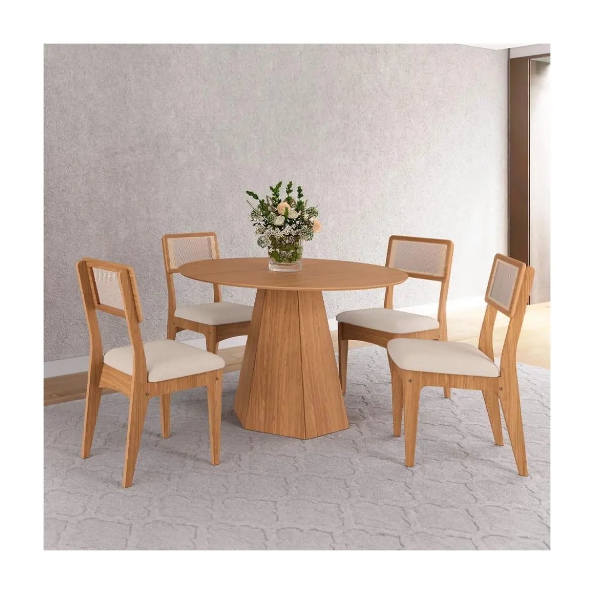 Conjunto Sala de Jantar Mesa Lisboa Hexagonal com 4 Cadeiras Palha Sintética 100% MDF