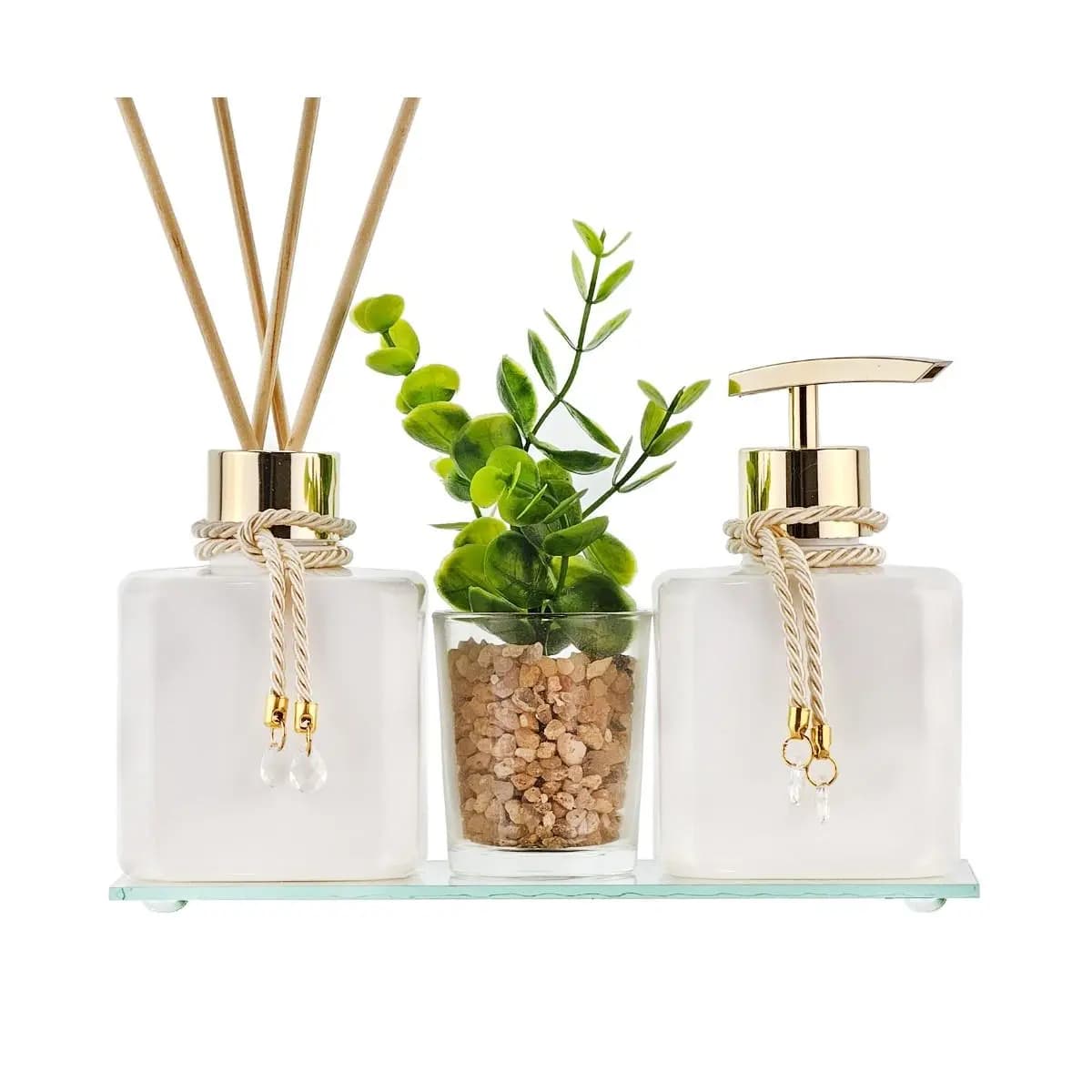 Kit Aromatizador Banheiro Dourado 250ml Bandeja Enfeite Vaso Decorativo Presente Casamento